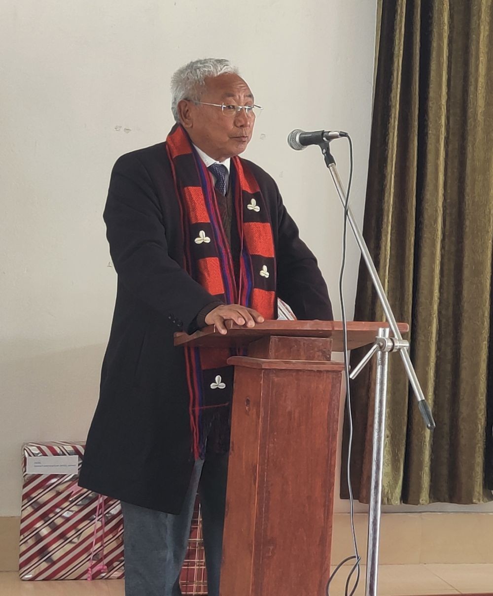 Outgoing DC Kiphire, John Tsulise Sangtam NCS speaking during the farewell programme held at DC conference hall, Kiphire on February 21. (Morung Photo)